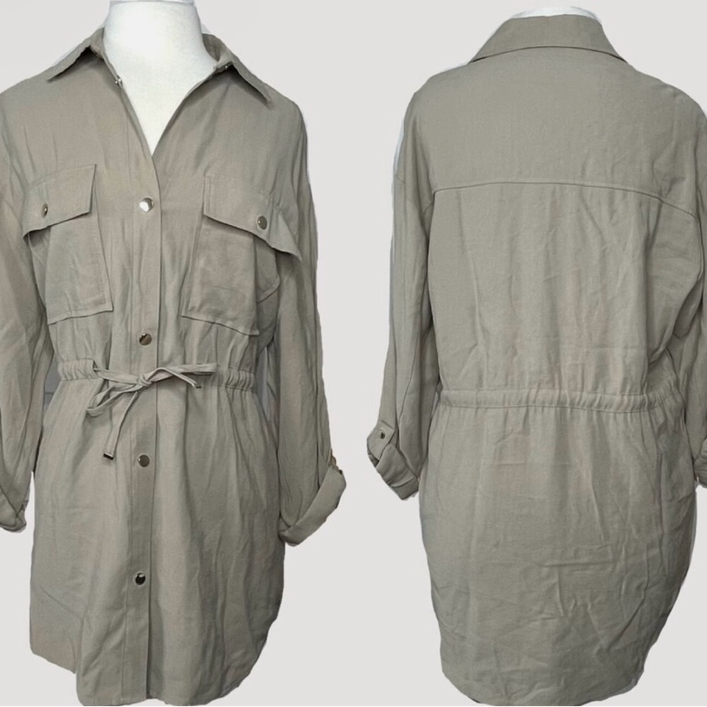 Zara Beige Button Front Oversized Drawstring Waist Tunic Top Woman's Small
